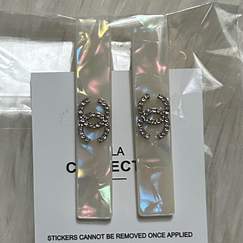 CHANEL Iridescent Bar Hair Clips with Crystal CC Logos - Silver
